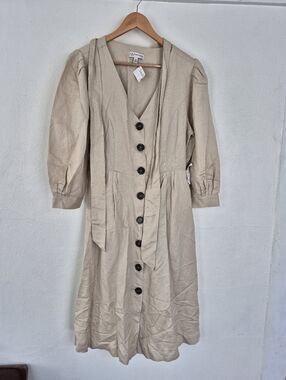 Neiman Marcus Linen Blend Dress Button Front 3/4 Length Sleeves Size 10 Sand
